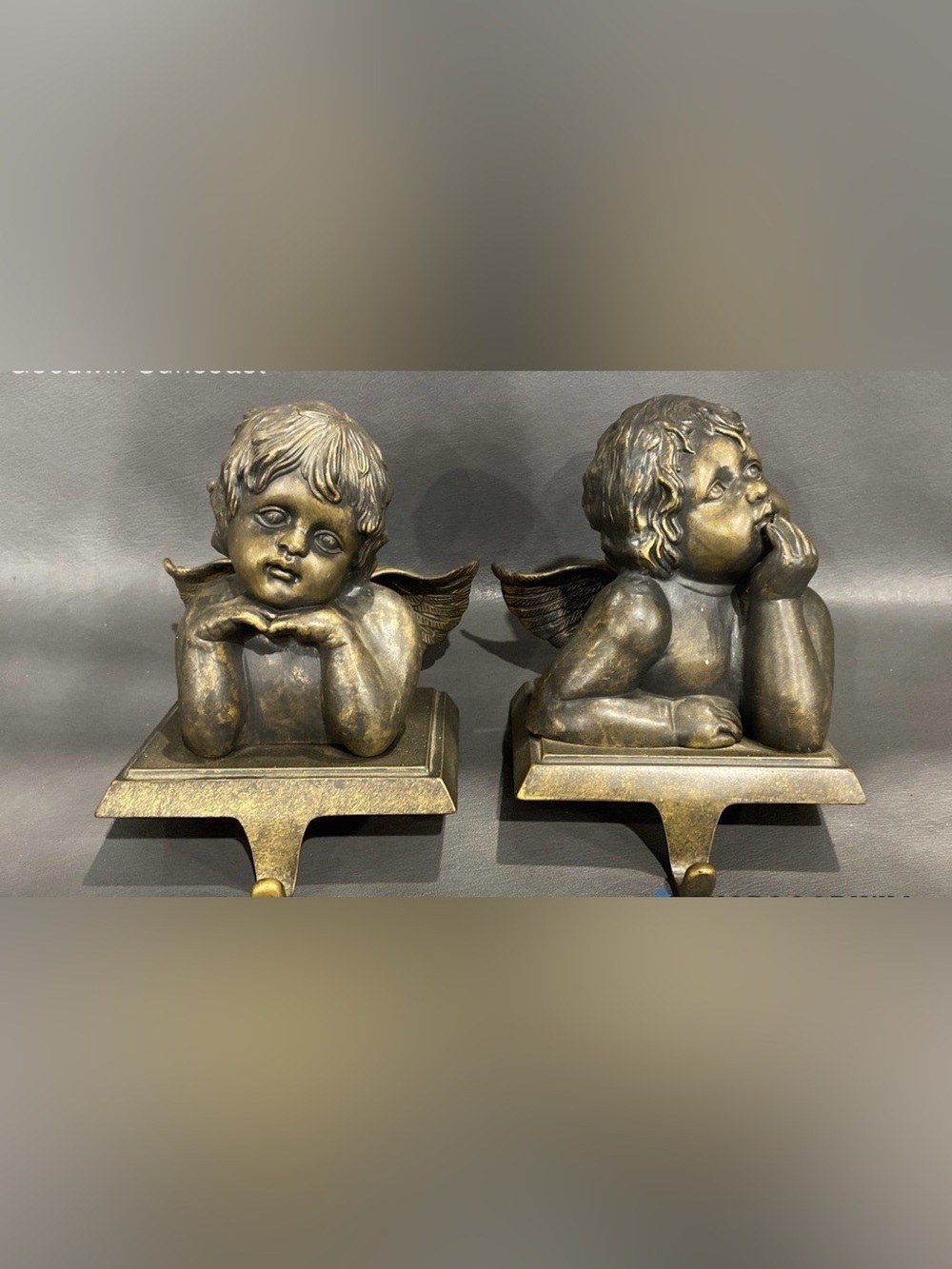 Pair Cherub Angel Stocking Holders Heavy Grandeur Noel Bronze Tone Finish